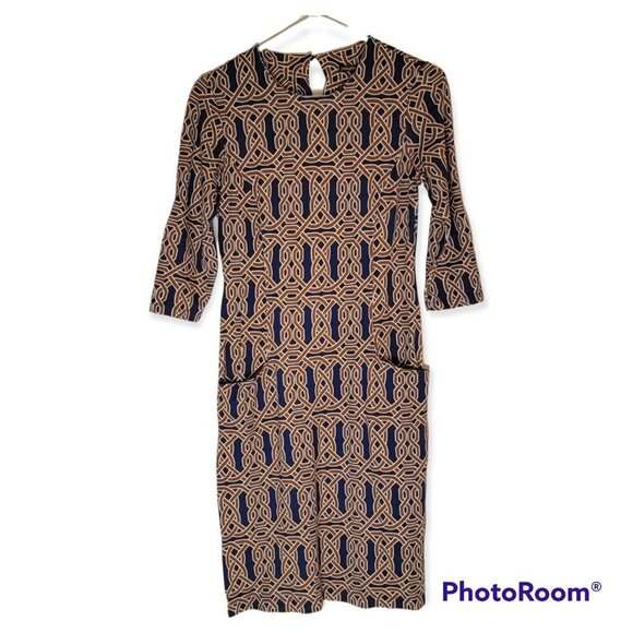 J. McLaughlin Navy And Brown Print Stretch Dress Size XS - Picture 1 of 6